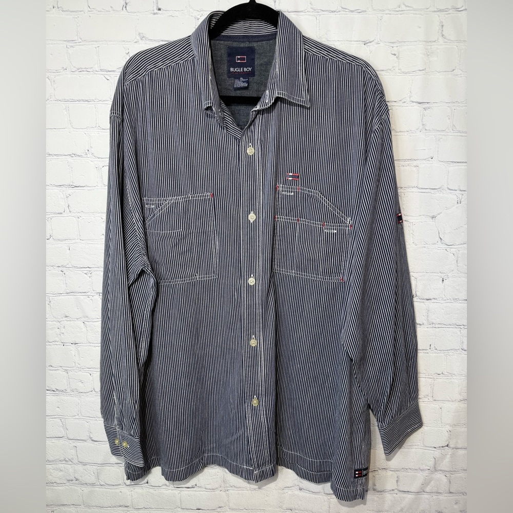 Vintage Bugle Boy Jeans Co size XL blue with white stripes button down